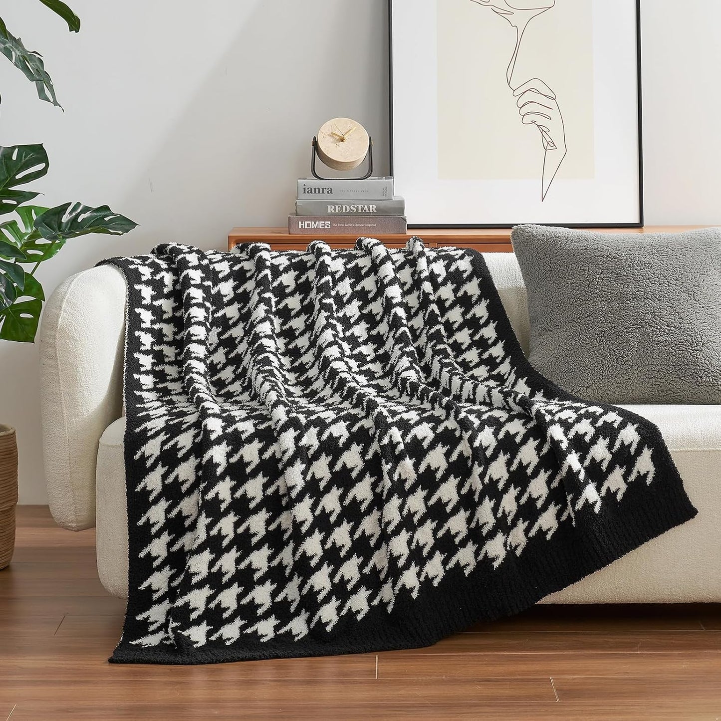 Snuggle Sac Houndstooth Throw Blanket for Couch, Reversible Super Soft Warm Blankets Cozy Knit Fuzzy Plush Lightweight Throws for Sofa, Bed, Camping, Black,50x60 inches