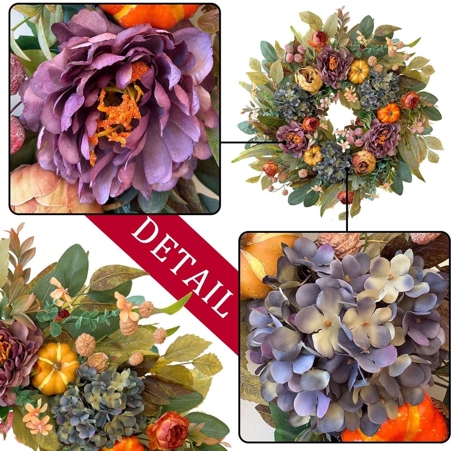WANNA-CUL 24 Inch Spring Fall Wreaths for Front Door with Blue Hydrangea, Fall Wreath Front Door with Purple Orange Peony and Pumpkins-Fall Decoration for Home-Large Fall Decor Door Wreath for Autumn