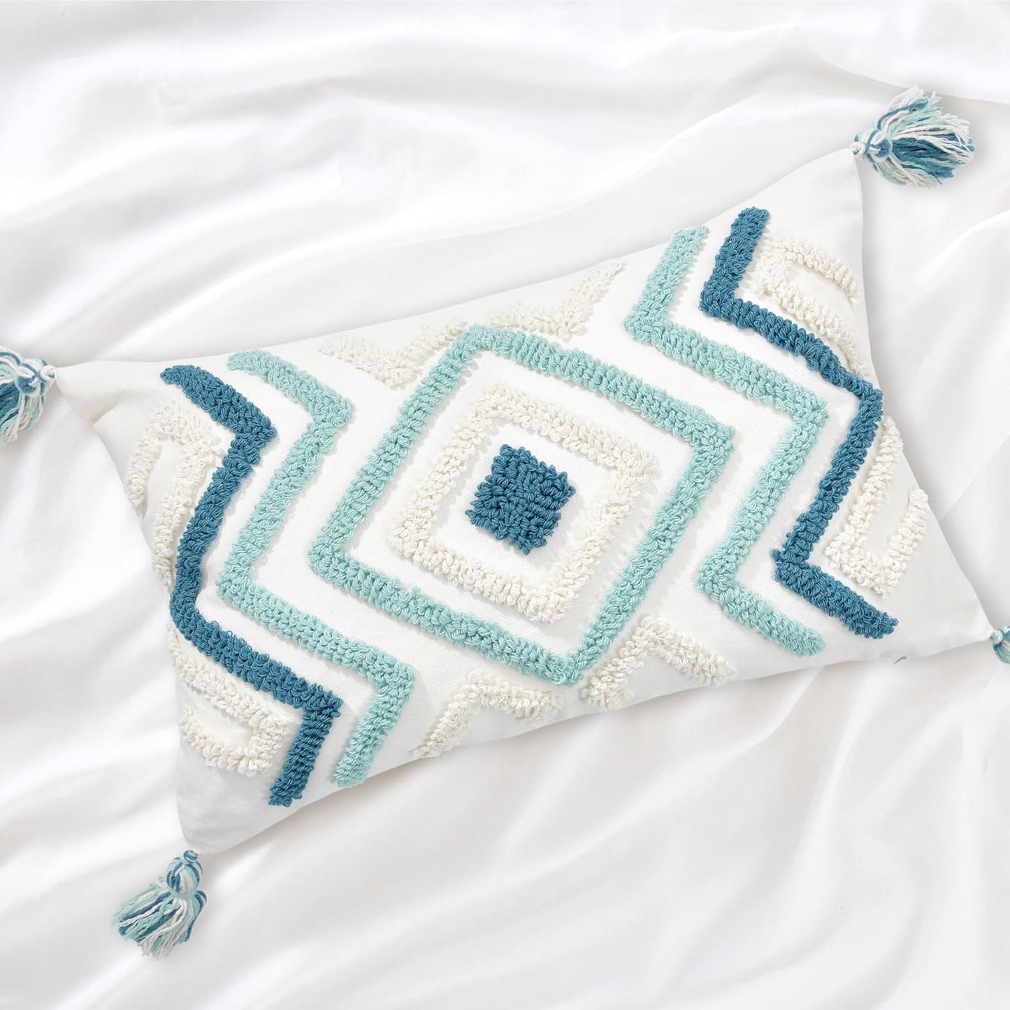 Boho Pillow Covers 12X20 Inch Boho Tufted Throw Pillow Covers Decorative Tassels Cushion Cover Farmhouse Pillow Case for Couch Sofa Bed Living Room Bedroom, Teal
