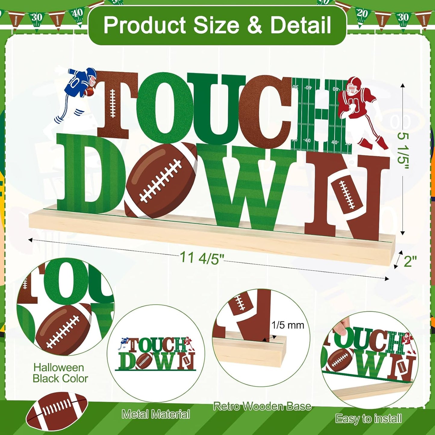 COCHIE Metal Football Touchdown Sign, Green Super Football Bowl Game Tailgate Party Decorations for Home, Office, Shelf, Mantel, Indoor, Touch Down Table Toppers Decor (Superbowl)