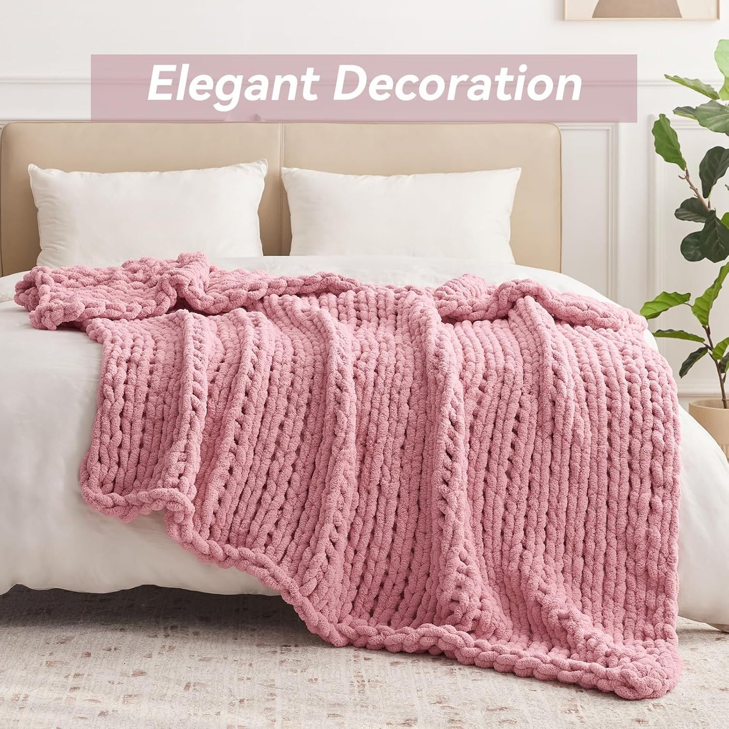 Chunky Knit Throw Blanket, 50''*60'' Knitted Throw Chenille Yarn for Bed Couch, Handmade Light Pink Crochet Big Thick Blanket, Machine Washable Cute Comfy Blanket for Home Decor