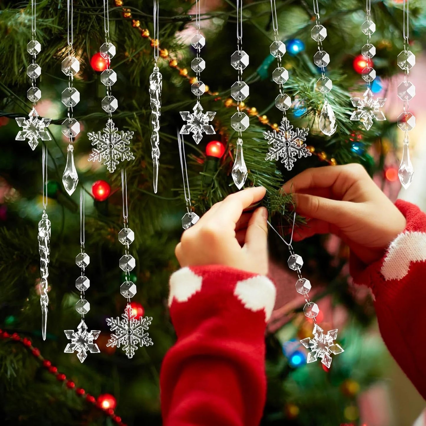 80pcs Christmas Tree Decoration Crystal Ornaments - Acrylic Christmas Snowflake Ornaments Icicle Drop Crystal Hanging Ornaments for Xmas Tree Winter Wonderland Holiday Frozen Party Decor