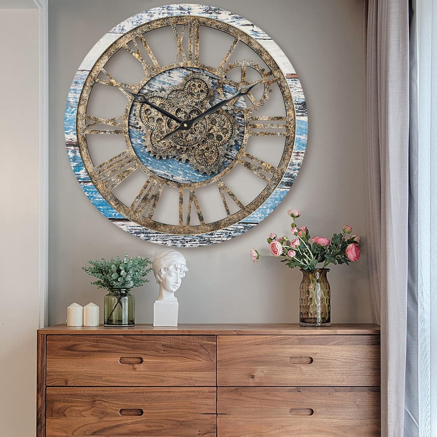 HOIBAI Large Wall Clock, Wall Clocks for Living Room Decor 20 Inch Farmhouse Vintage Rustic Kitchen Wall Decor Vintage Roman Oversized Wall Clock for Home Bedroom House Office, Moving Gears Clock