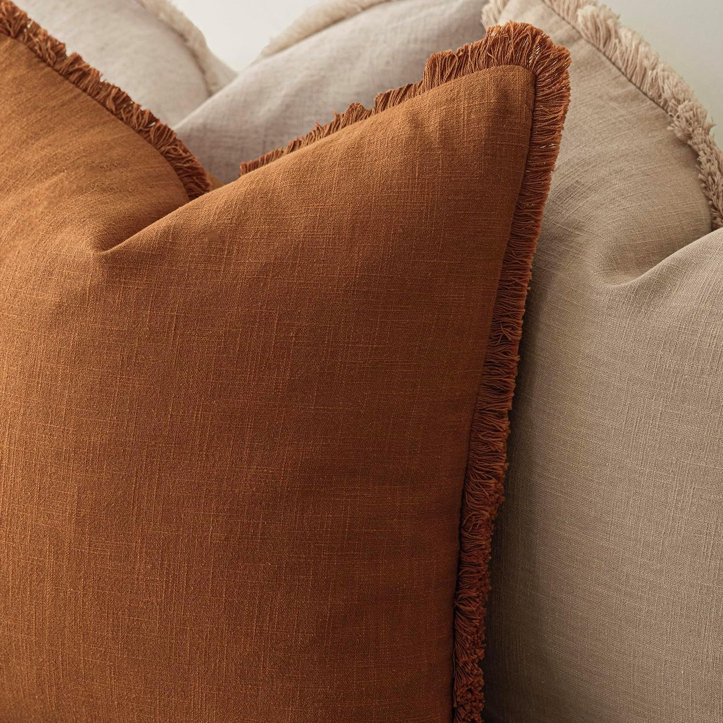 Foindtower Set of 2 Decorative Linen Fringe Throw Pillow Covers Cozy Boho Farmhouse Cushion Cover with Tassels Soft Accent Pillowcase for Couch Sofa Bed Living Room Home Decor, 26×26 Inch, Orange