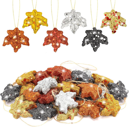 JULMELON 24 Pcs Thanksgiving Glitter Maple Leaves Colorful Foam Maple Ornaments Mini Hanging Fall Autumn Leaves for Thanksgiving Day Tree Decoration Party Favors Craft Supplies