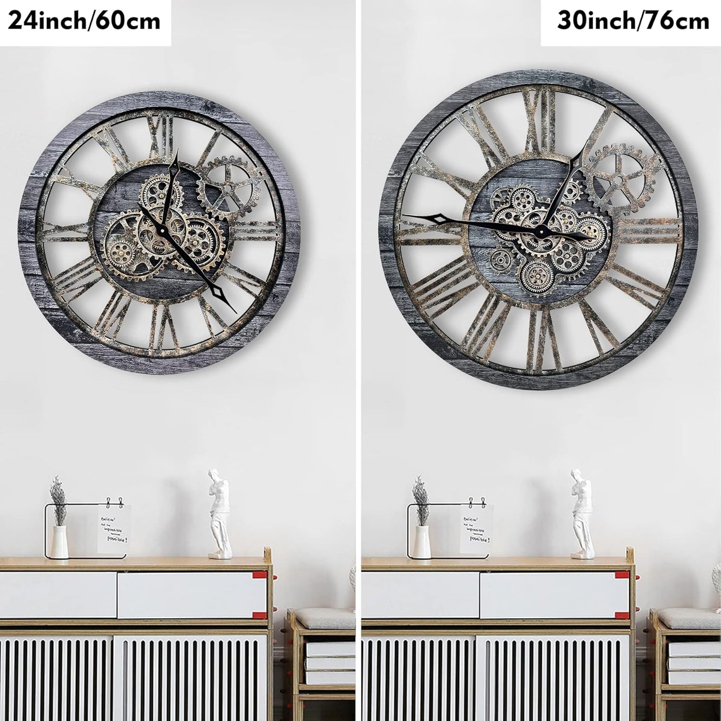 The B-Style Large Real Moving Gears Wall Clock 30 inch Rustic Retro Industrial Farmhouse Wood Clock Oversized Decorative Vintage Wall Clocks for Living Room (Carbon Gray)