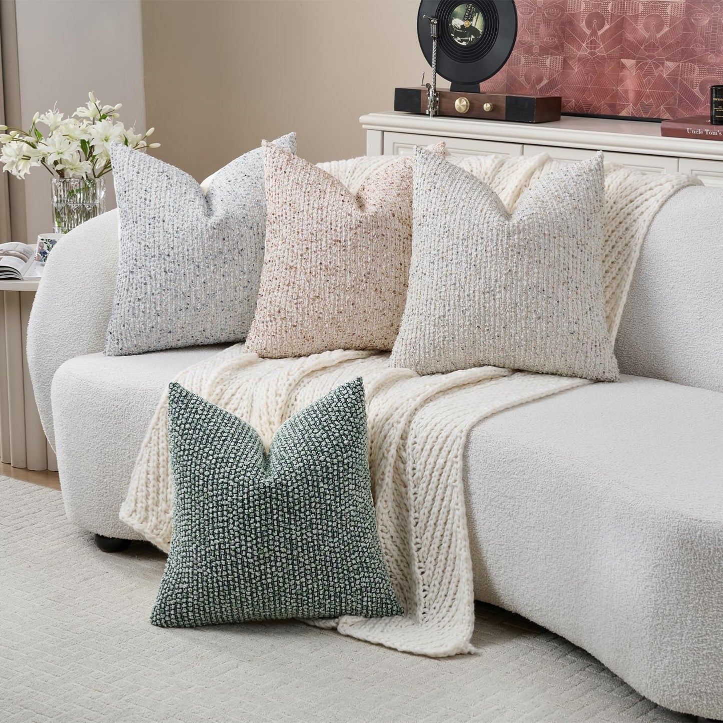 Striped Throw Pillow Covers 20x20 Set of 2 Beige Textured Boucle Chic Morden Boho Accent Farmhouse Square Decorative Couch Pillow Covers for Home Decor Bed Sofa Living Room