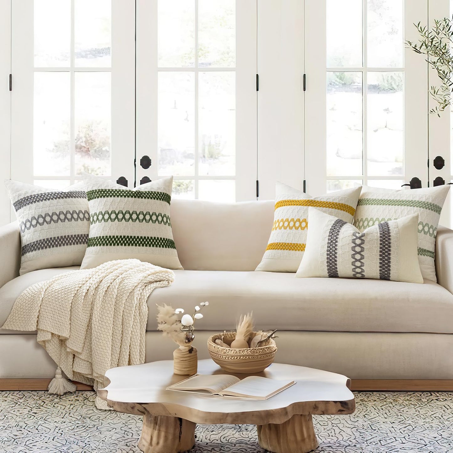 MIULEE Set of 2 Moss Green Boho Decorative Pillow Covers 18x18 Inch Farmhouse Rustic Couch Throw Pillows Modern Summer Cotton Cushion Covers Retro Cute Macrame Woven Home Decor for Bed Sofa Chair