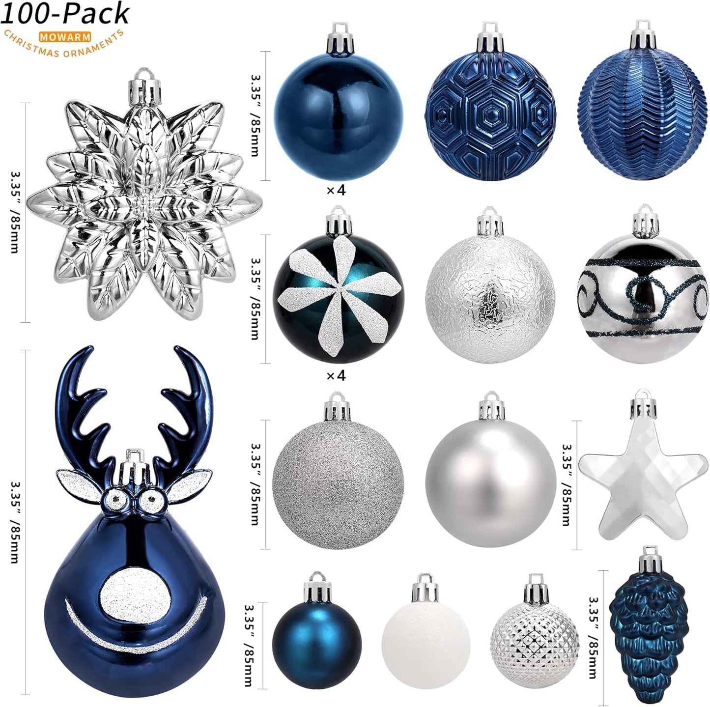 100 Pack Christmas Ball Ornaments,Navy Blue and White Plastic Christmas Balls Shatterproof Christmas Tree Decorations in Indoor,Holiday Xmas Tree Decor Hanging Baubles Balls