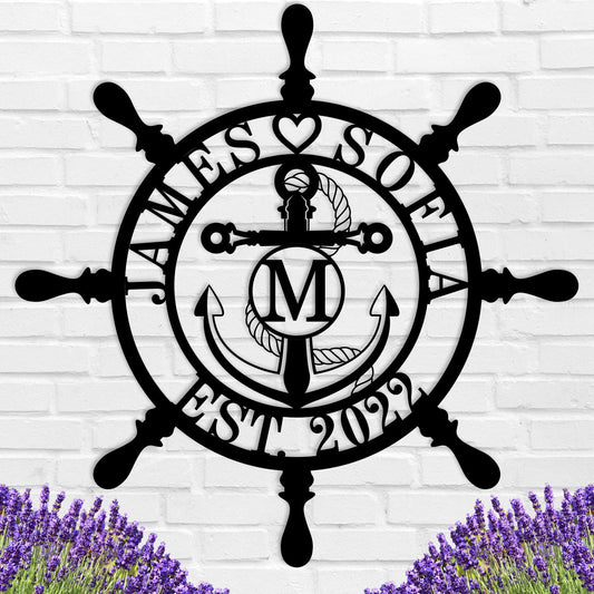 Personalized Ship Wheel Metal Sign, Customized Nautical Wall Decor, Anchor Compass Metal Sign, Family Name Sign, Monogram Wall Decor, Last Name Signs for Home, Housewarming Gift
