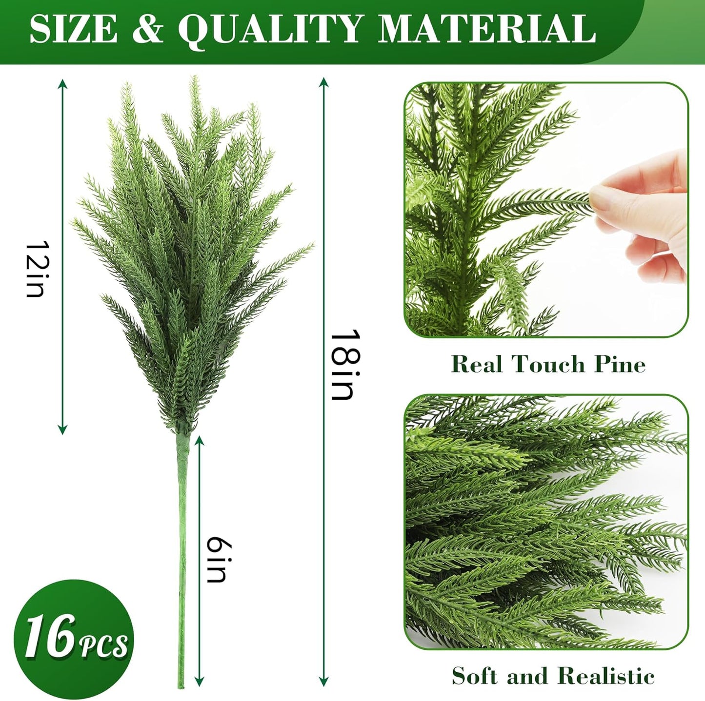 WeGuard 16 Pcs Real Touch Artificial Norfolk Pine Branches, 18 Inches Faux Cedar Pine Stem Fake Christmas Greenery Picks for Vase DIY Garland Wreath Christmas Decor Home Decor