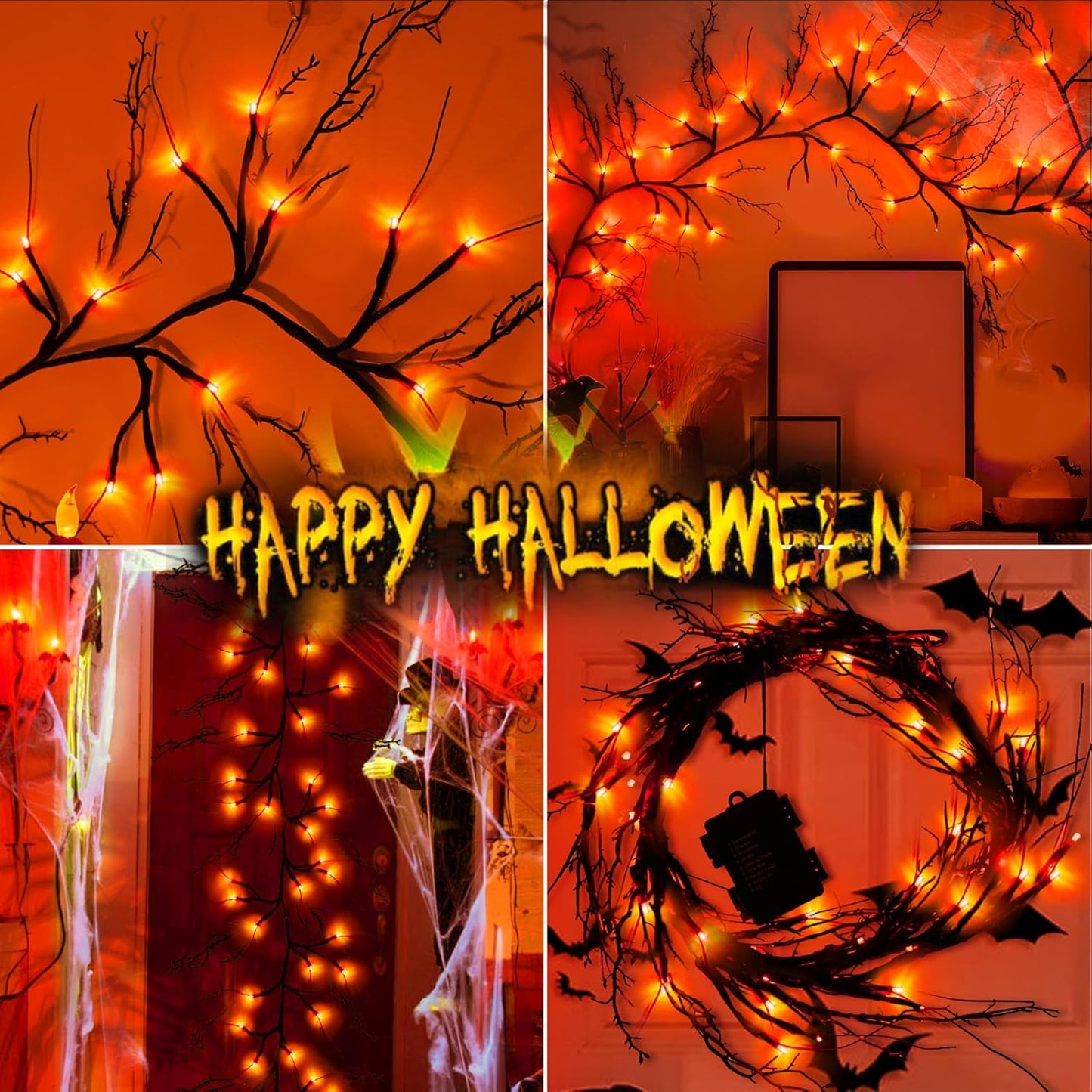 9 FT 72LED Halloween Willow Vine Twig Decor Branches Garland with Lights - 8 Modes Timer - Waterproof Battery Operated for Indoor Wall Fireplace Halloween Decorations