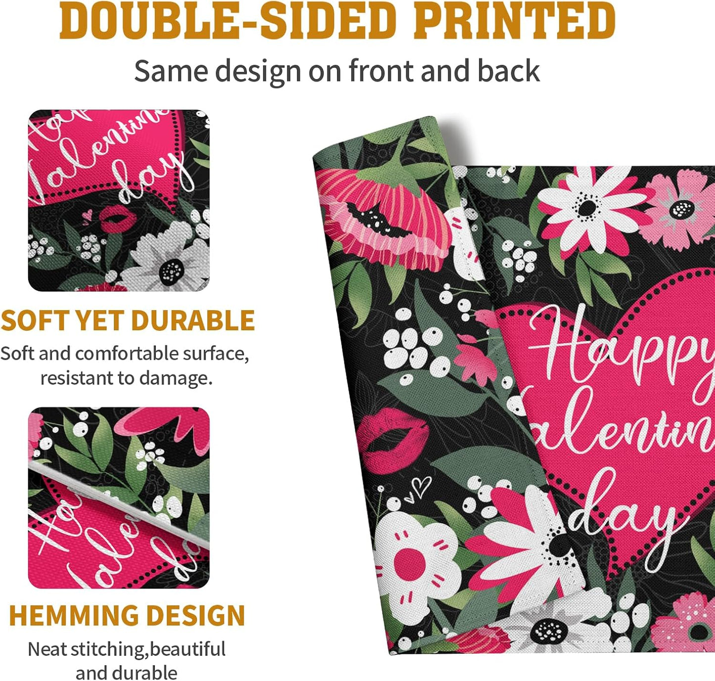 Happy Valentine's Day Placemats Set of 4 Valentine Flowers Love Heart Place Mats Pink Red White Floral Linen Table Mats Seasonal Black Placemat for Anniversary Wedding Party Kitchen Dining Decor