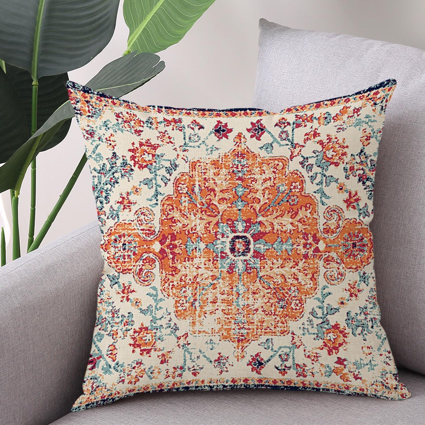 Outdoor Waterproof Pillow Covers 18X18 Inch Set of 2 - Bohemian Vintage Carpet Pattern Orange Blue Ethnic Design Decorative Farmhouse for Couch Garden Balcony