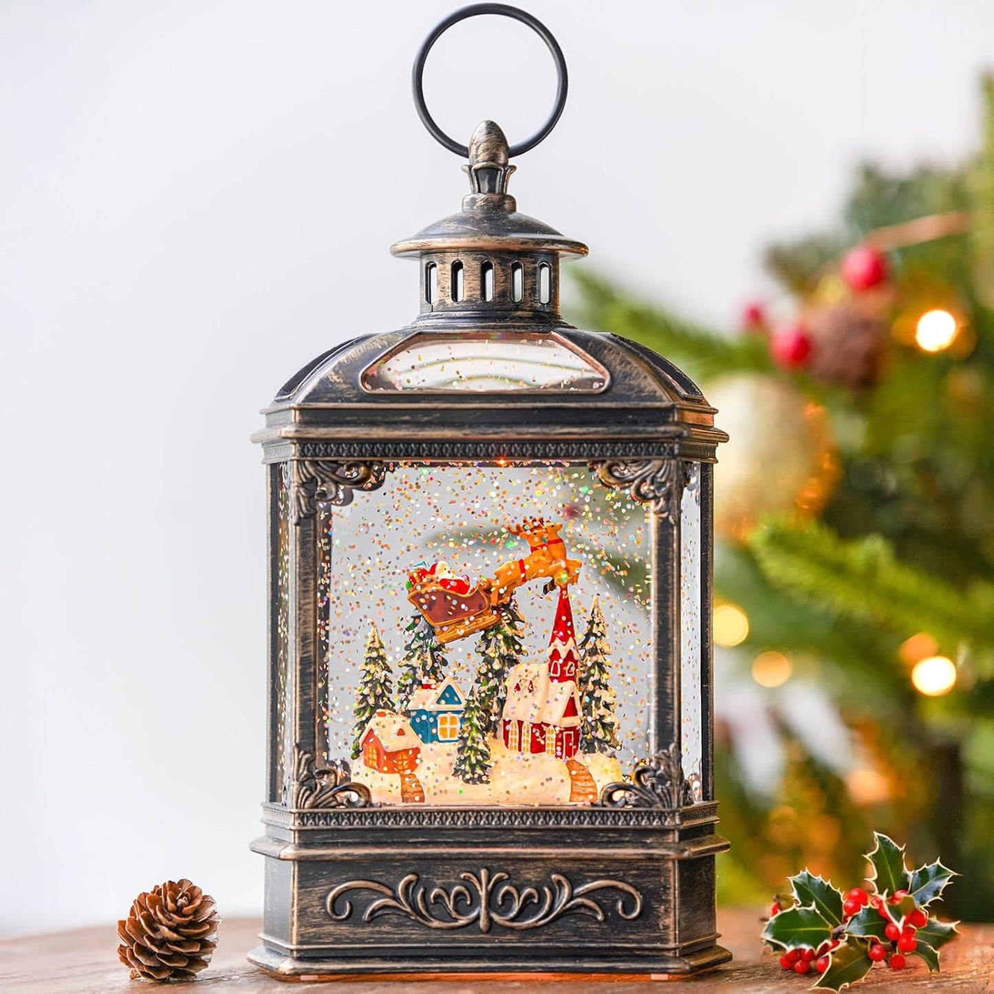 Christmas Snow Globe Swirling Glittering Lantern Santa Flying with Reindeer, USB Lined/Battery Operated Lighted Water Lantern for Christmas Festival Decoration Gifts