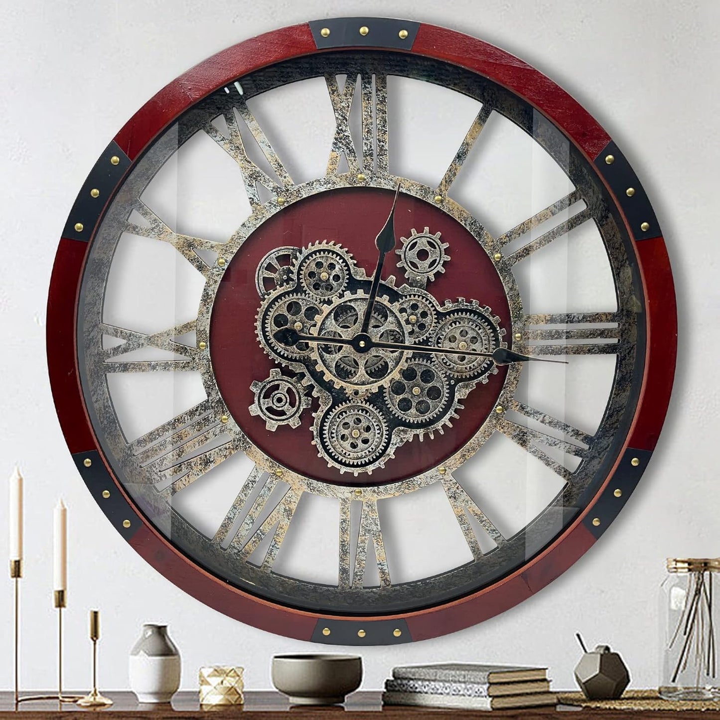 DORBOKER 30" Original Moving Gears Wall Clock, Large Industrial Wall Clock for Living Room Decor, Retro Wood Vintage Farmhouse Steampunk Rustic Clocks for Wall Decor,Red Walnut Wood