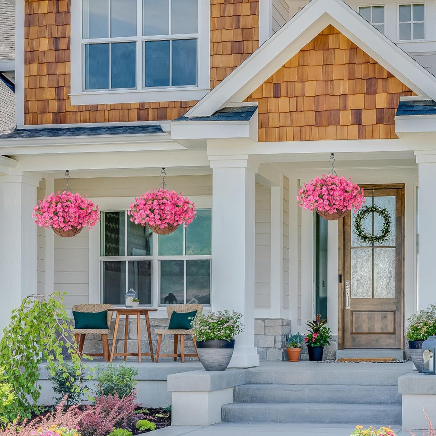 Artificial Faux Hanging Plants Flowers Basket for Outdoors Outside Spring Summer Decoration, Silk Pink Morning Glory in Planter UV Resistant Look Real Fake Flowers for Porch Patio Balcony Home Yard