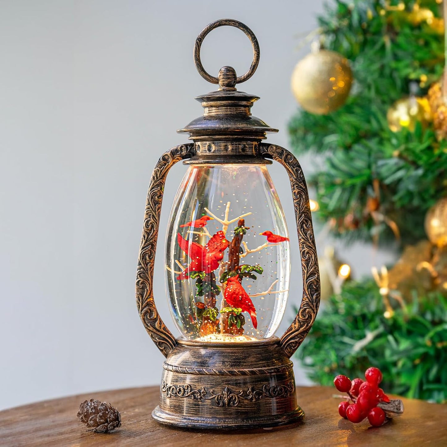 Christmas Snow Globe Lantern Water Glittering 12'' Cardinal with Music, USB Lined/Battery Operated Lighted Lantern for Christmas Festival Decoration Gifts
