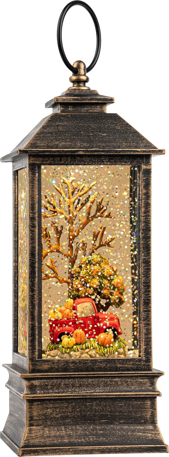 10'' Fall Snow Globe Lantern, Thanksgiving Lighted Lantern, Swirling Glitter Snow Globe for Fall Harvest Day Decorations, Home Fall Decor, Halloween and Gift (Truck&Pumpkins)