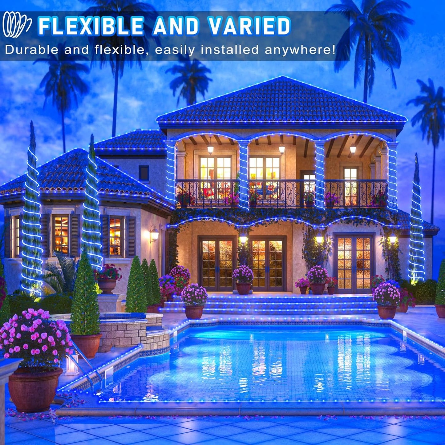 100FT 300 LED Rope Lights Outdoor, Plug in Christmas Rope Lights for Indoor with 8 Modes, Waterproof Connectable String Lights for Outside Patio, Deck, Pool, Stair, Camping Lighting - Blue