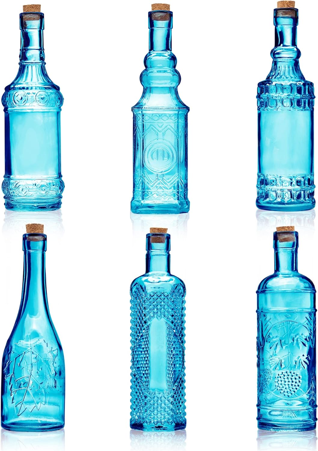 Assorted Blue Glass Bottles with Corks, 6 Pack, 2.5in X 9in, 16oz