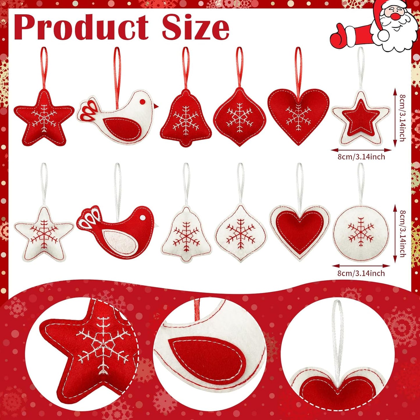 12 Pcs Christmas Felt Ornaments for Tree 3D Snowflake Hanging Decorations Classic Red White Hanging Felt Craft for Christmas Party Favors Gifts
