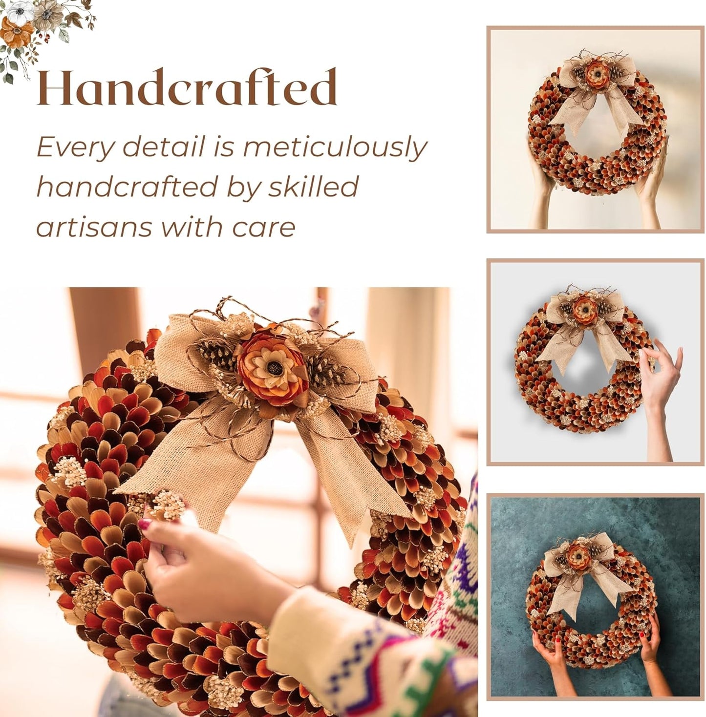 21" Fall Harvest Wood Curl Glitter Tipped Wreath - Premium Handcraft Fall Wreaths for Front Door | Perfect for Autumn & Thanksgiving Decor