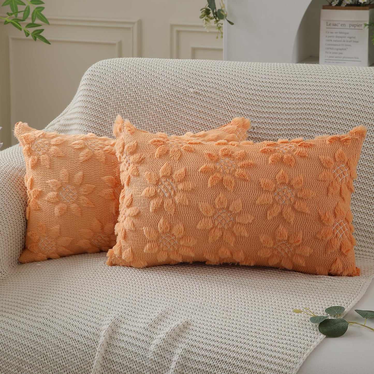DFXSZ Spring Summer Pillow Covers 12x20 inch Set of 2 Farmhouse Decor White Flower Heart Sunflower Orange Soft Plush Faux Fur Jacquard Throw Pillows for Sofa Holiday Spring Home Decor PTK024H12