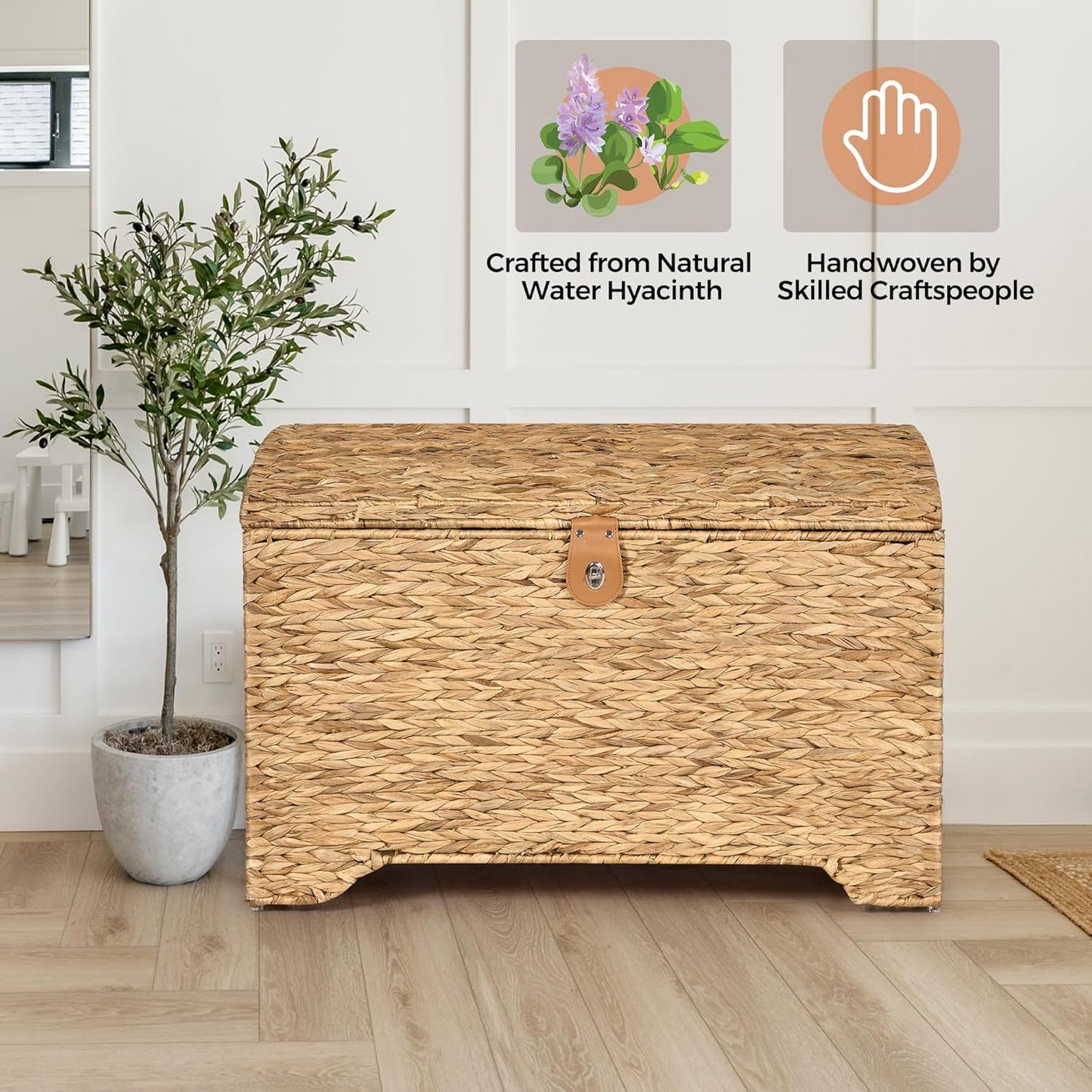 Handwoven Storage Basket with Lid, 178L Wicker Storage Bin, Natural Water Hyacinth, Leather Buckle & Metal Frame, Metal Ring Handles for Easy Transport, Storage Chest & Trunk for Bedroom, Living Room