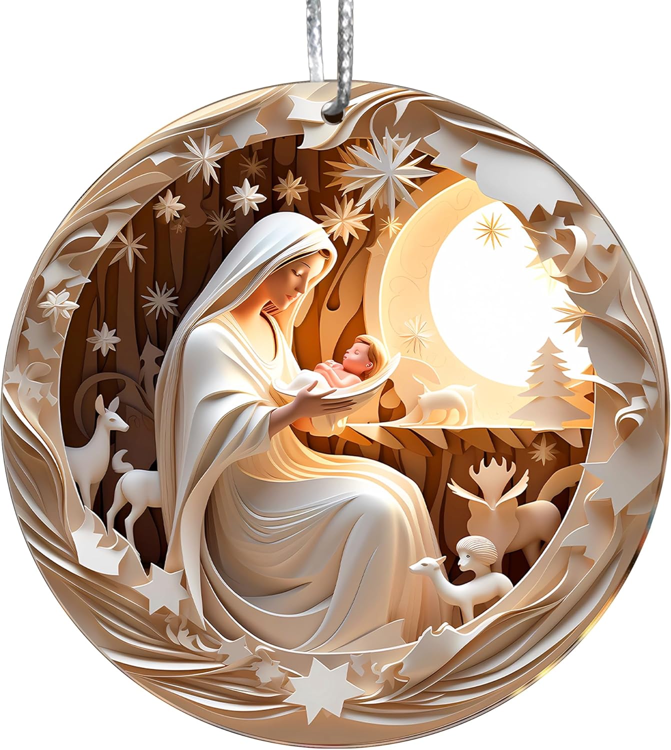 Jabihome Christmas Ornaments 2025, Exchange for Women, Men, Collectible Dated Year Ornaments for Tree, Unique Acrylic Suncatcher, Printed Stained Glass Effect Decor (Moonlit Nativity)