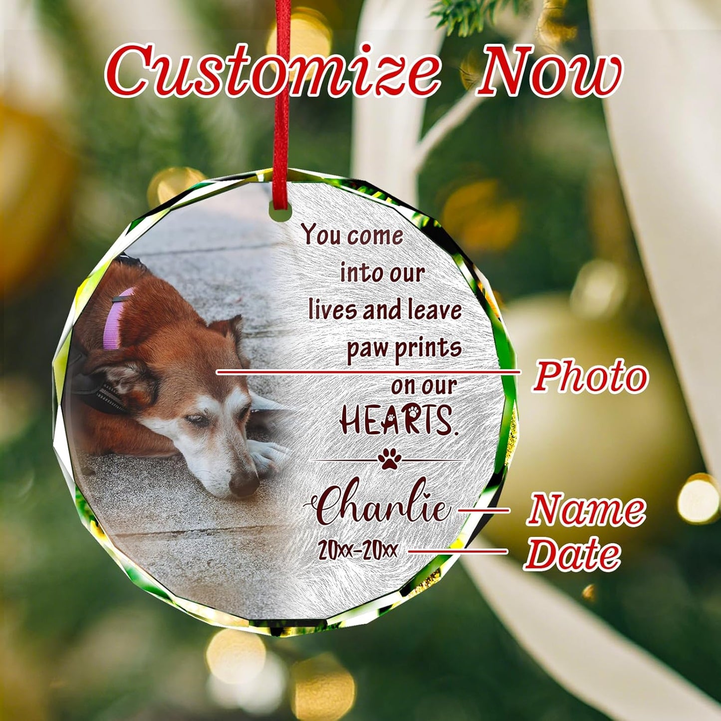 Personalized Memorial Pet Glass Ornament - Custom Picture Christmas Ornaments, Dog Forever in Our Hearts Hanging Ornament Xmas Tree Decor for Dog Lovers