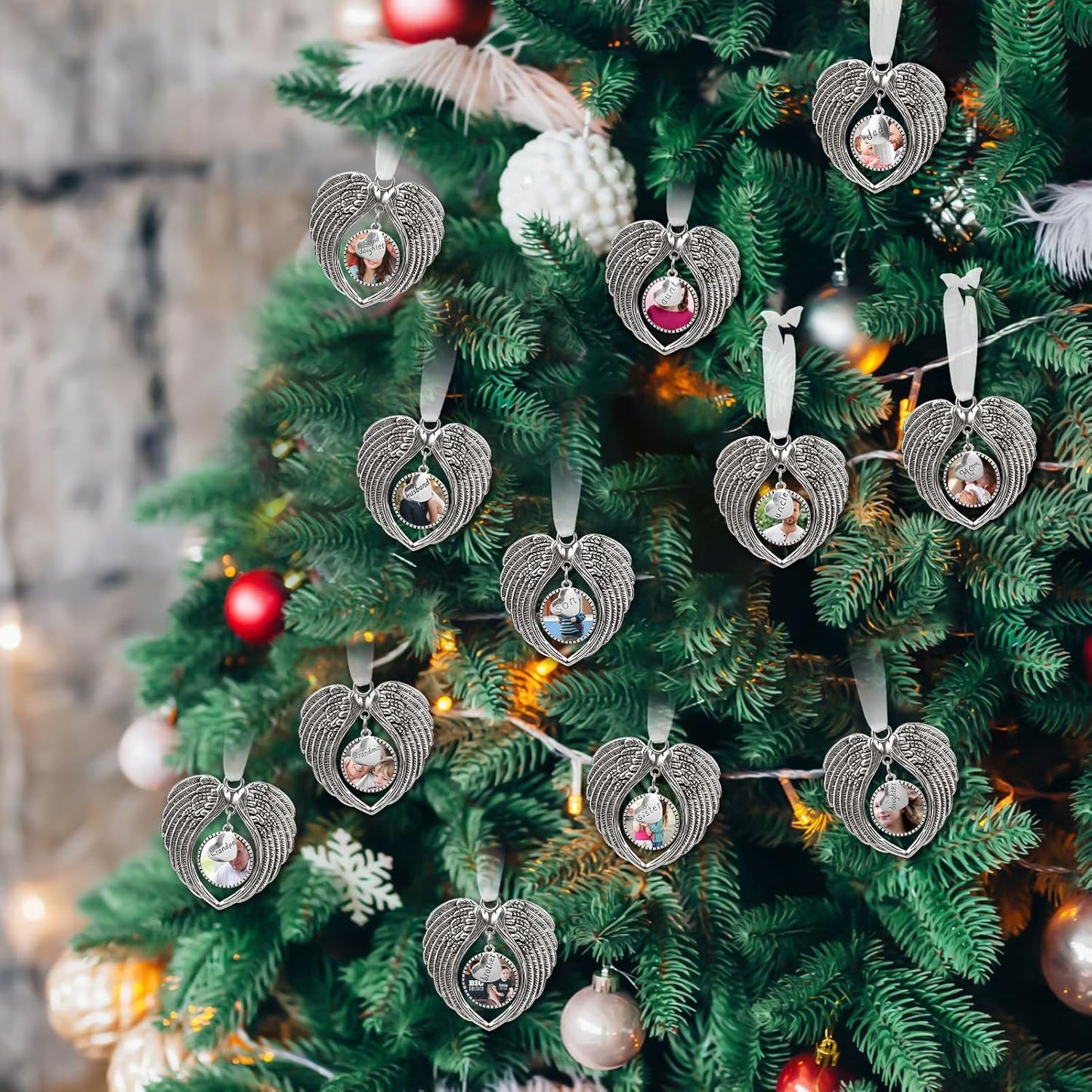 Christmas Ornaments Angel Wings with Custom Photo Frame for Loss of Loved One Remembrance Keepsake with Silk Ribbon & Red Gift Box