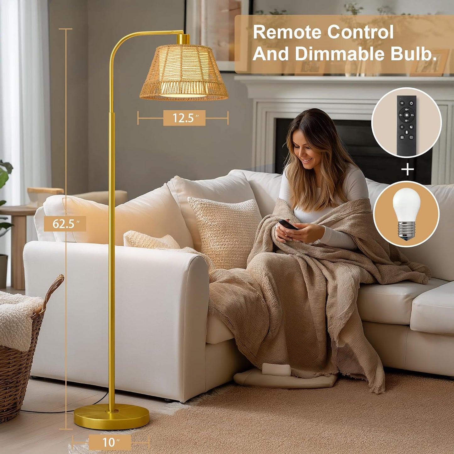 Oneach Arc Floor Lamp for Living Room with 3 Color Temperatures, Farmhouse Floor Lamps with Remote & Dimmable Bulb, Rattan Boho Floor Lamp with Hand-Woven Wicker & Fabric Shade