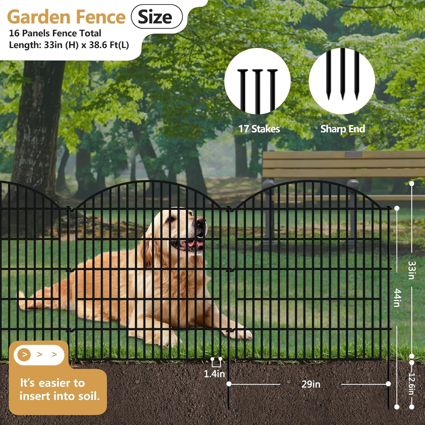 16 Panels Decorative Garden Metal Fence, 33in (H) x 38.67ft (L) No Dig Dog Fencing for Outdoor Yard, Rustproof Animal Ground Stakes Temporary Panel Border Barrier for Patio Flower Bed Camping