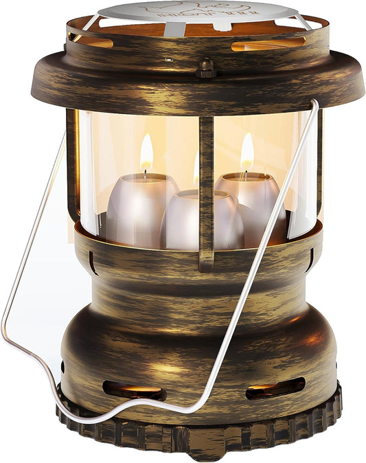 3-Wick Emergency Candle Lantern for Power Outages [18H+ Burning Time] Vintage Decorative Candle Lantern for Real Candles, Outdoor Portable Camping Survival Lighting [7.1"*5.7" - Vintage Brass]