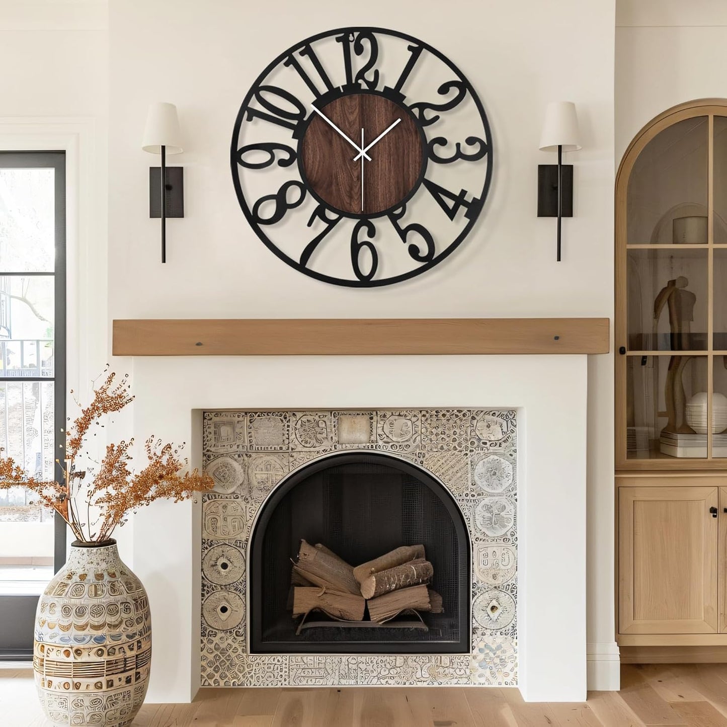 Maxstar Round Wall Clock for Living Room Decor Battery Operated Non Ticking Silent Vintage Black Metal Wood Clocks for Home Living Room Garden Farmhouse Office Kitchen Decoration -20 inch