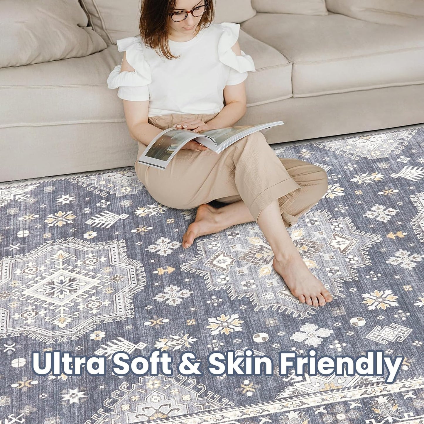 Washable Area Rugs for Living Room -10x14 Neutral Vintage Distressed Floral Farmhouse Boho Large Soft Floor Rug Indoor Non Slip Carpet for Living Room Bedroom Dining Room Office - Denim Blue/Grey