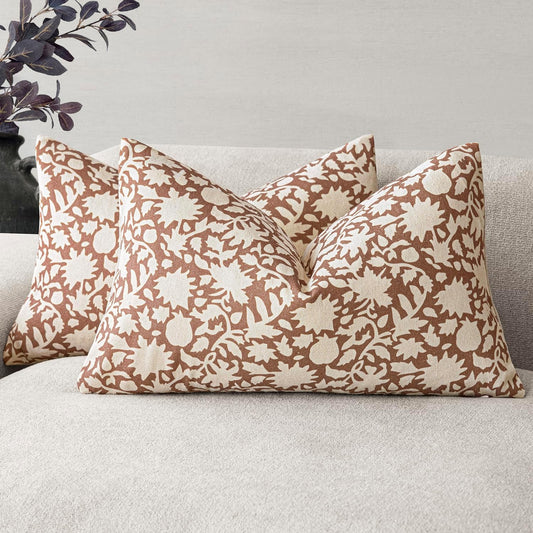 Foindtower Set of 2 Decorative Neutral Floral Throw Pillow Covers Accent Farmhouse Cushion Covers Boho Pillowcase for Couch Sofa Bedroom Living Room Home Decor Outdoor,12×20 Inch,Light Orange Brown