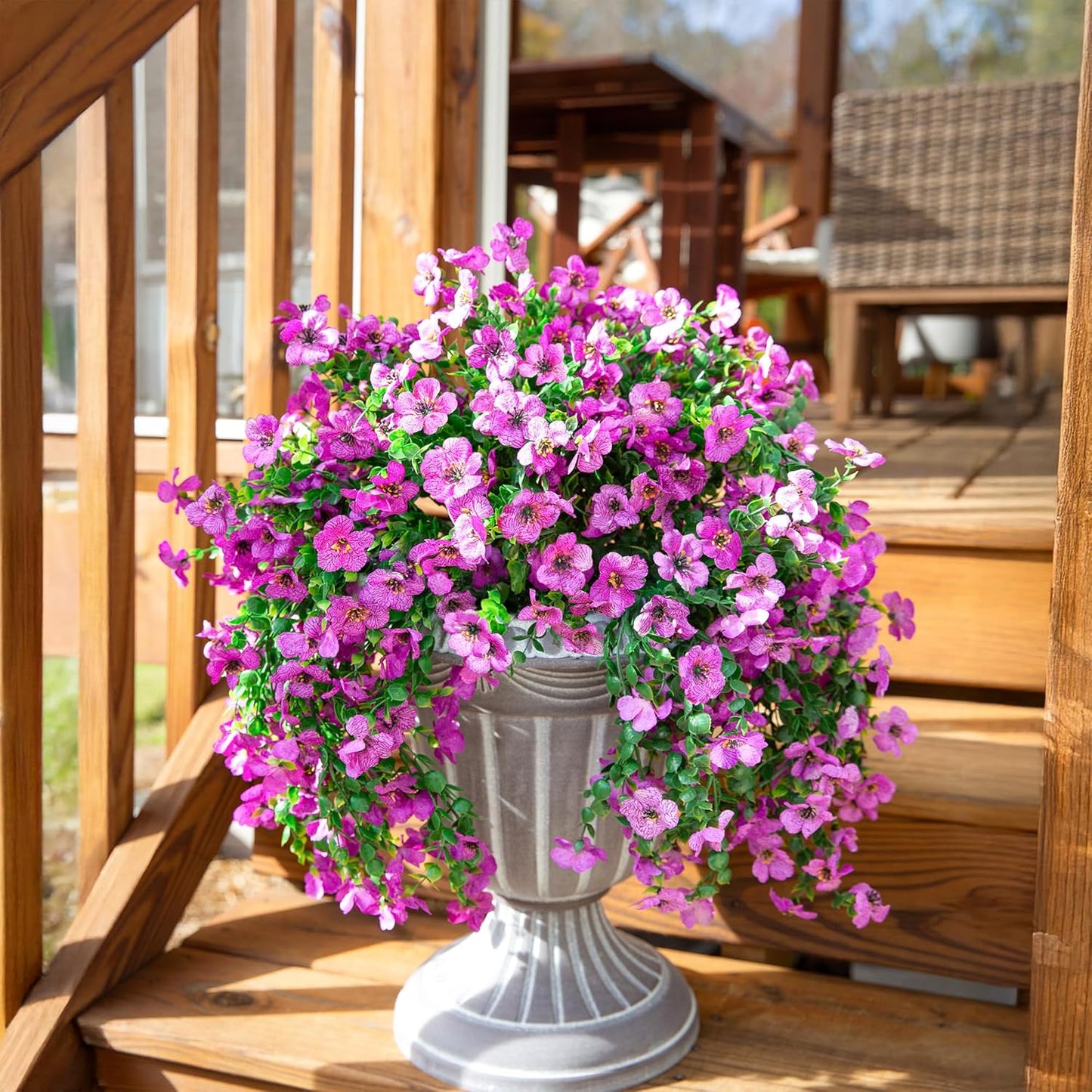 Artificial Faux Hanging Flowers Plants for Outdoor Decor, 2 PCS Outside Fake Silk Violets with Eucalyptus UV Resistant Realistic Daisy Trailing Vines for Planter Front Door Balcony Patio Yard, Purple