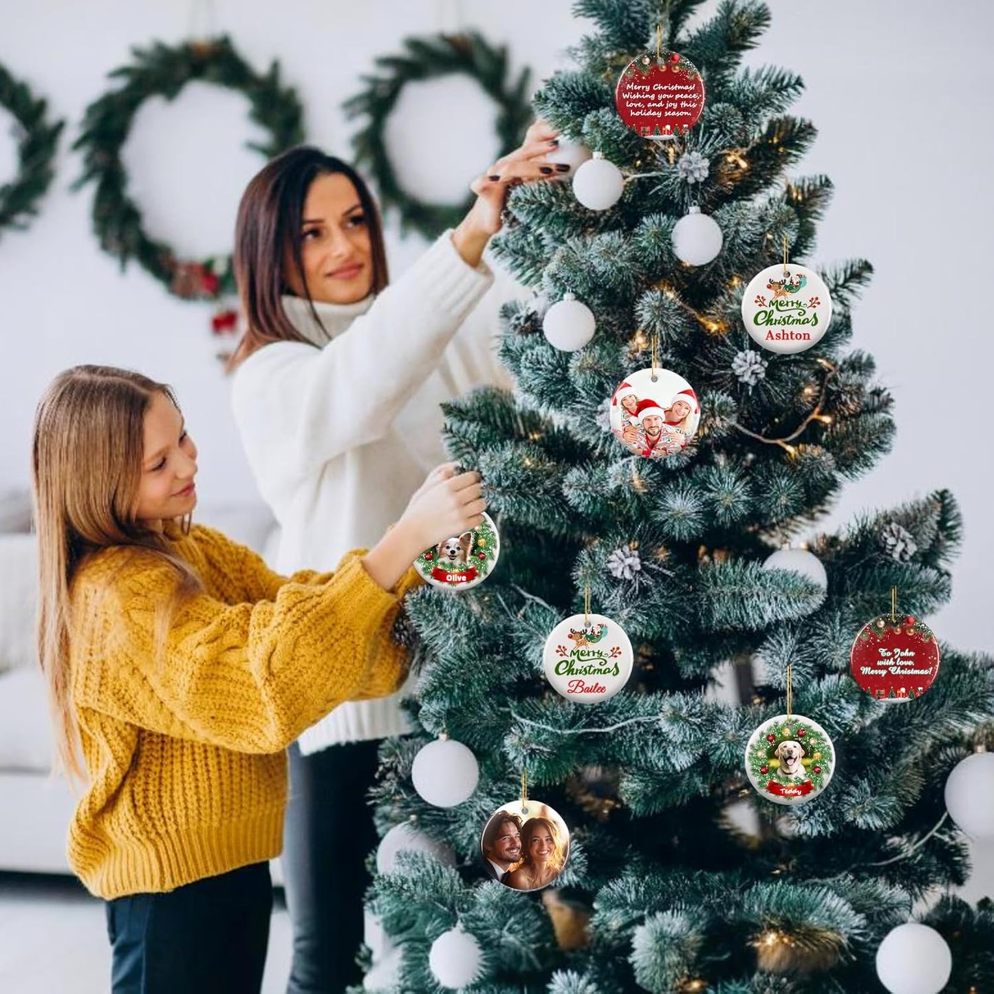 Personalized Christmas Ornaments 2025 - Custom Double-Sided Photo Ceramic Xmas Tree Hanging Decor, Unique for Family Friends (A01-Ceramic Style)
