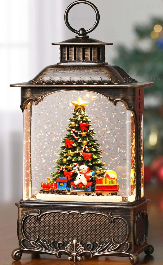 Christmas Tree Snow Globe Lantern Christmas Decorations Gifts Auto Snowfall Glitter Music Collection Snowman Train Candy Cane with 6H Timer USB/Battery Powered 10.2 inch