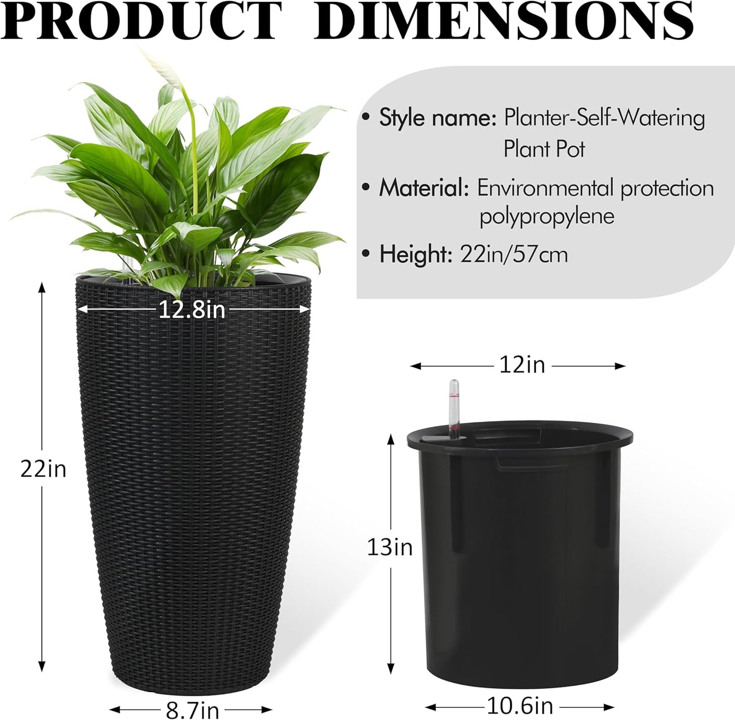 2Pack 22" High Modern Plant Pots Planter-Self-Watering Indoor/Outdoor Planting with Drain Holes, Water Level Monitor, Inner Bucket for Front Porch Patio, Black Rattan Conical