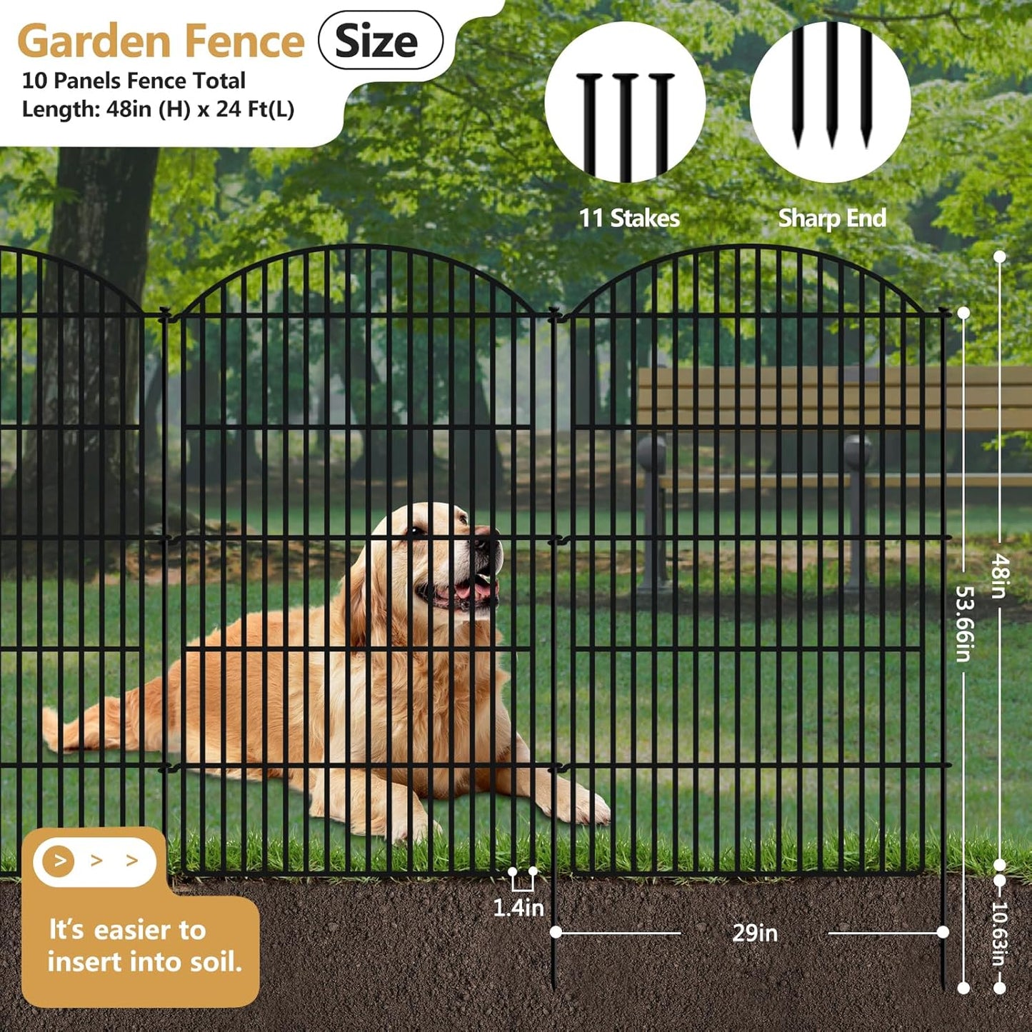 10 Panels Decorative Garden Metal Fence, 48in (H) x 24ft (L) No Dig Dog Fencing for Outdoor Yard, Rustproof Animal Ground Stakes Temporary Panel Border Barrier for Patio Flower Bed Camping
