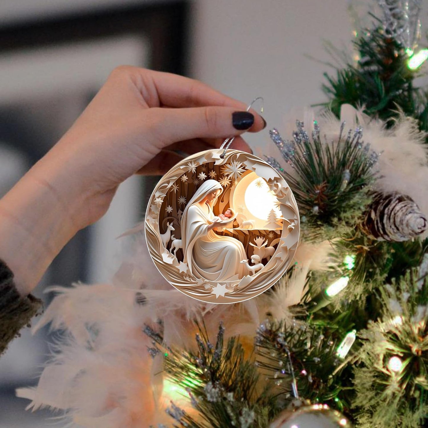 Jabihome Christmas Ornaments 2025, Exchange for Women, Men, Collectible Dated Year Ornaments for Tree, Unique Acrylic Suncatcher, Printed Stained Glass Effect Decor (Moonlit Nativity)