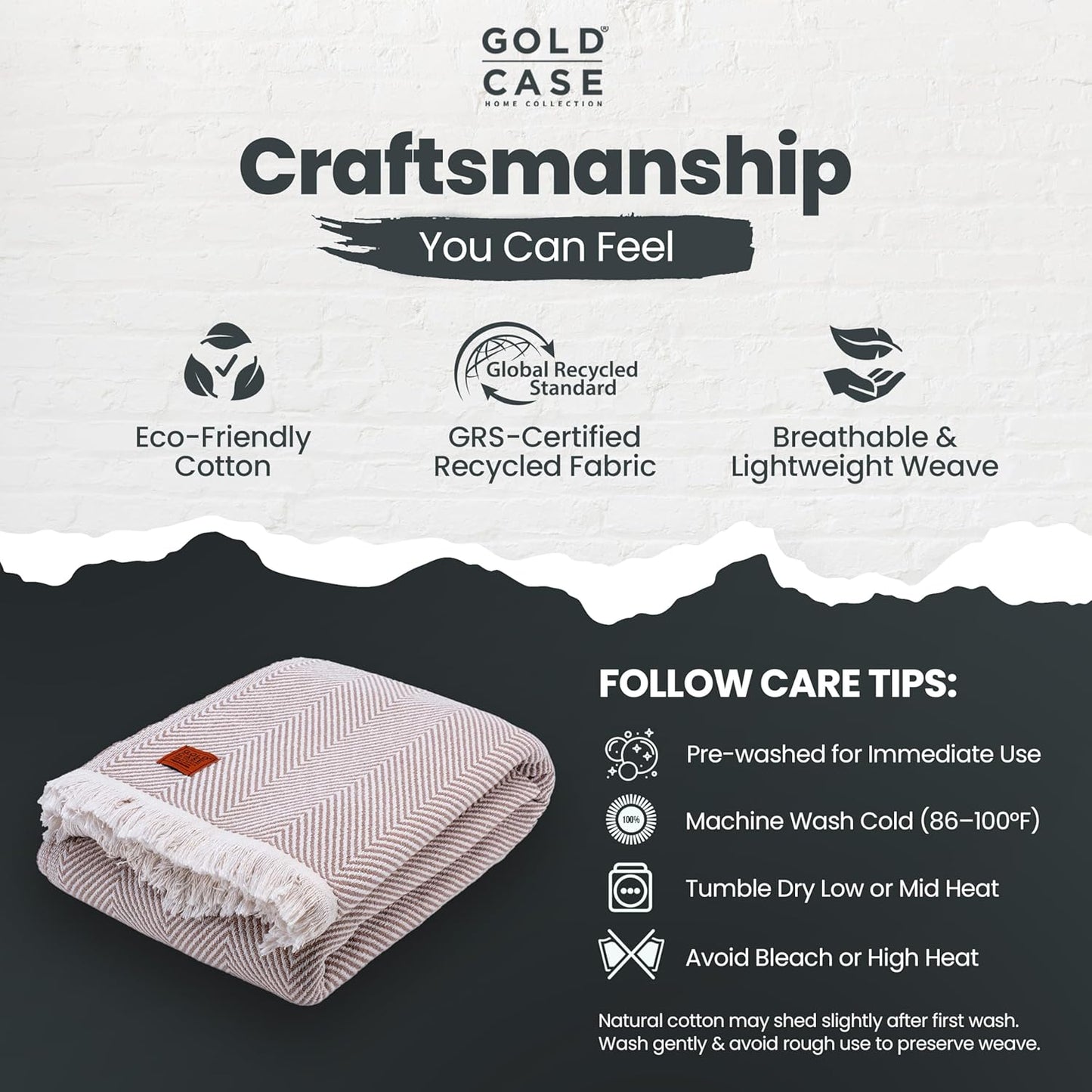 Gold Case Throw Blanket for Bed – 100% Recycled Turkish Cotton Bed Blanket – Decorative Throw Cotton Blankets for Living Room & Bedroom – Woven Twin Blankets - 71x90 - Elegant Beige