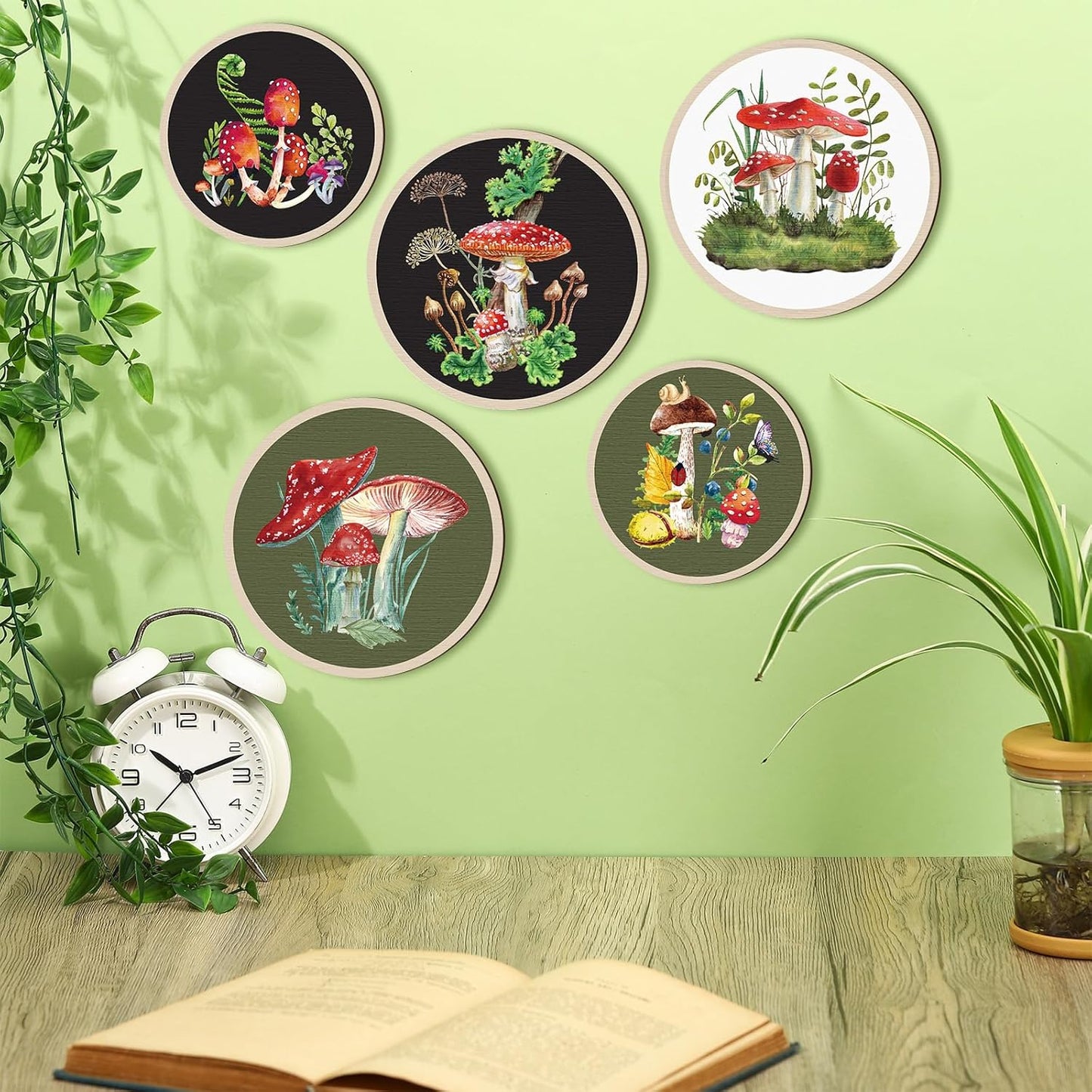 Qunclay 5 Pcs Wall Art Decor Wooden Living Room Wall Decor Bohemian Hanging Farmhouse Geometric 10'' and 8'' Aesthetic Wood Minimalist Posters for Bedroom(Mushroom)