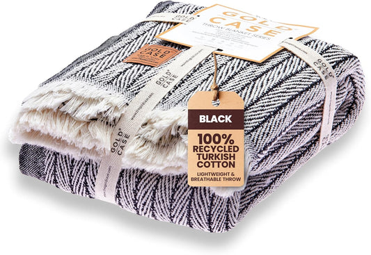 Gold Case Throw Blanket for Couch – 100% Recycled Turkish Cotton Blankets & Throws – Elegant Decorative Throw Blankets for Living Room Sofa – Woven Throws for Couch – Vintage Black – 60x80