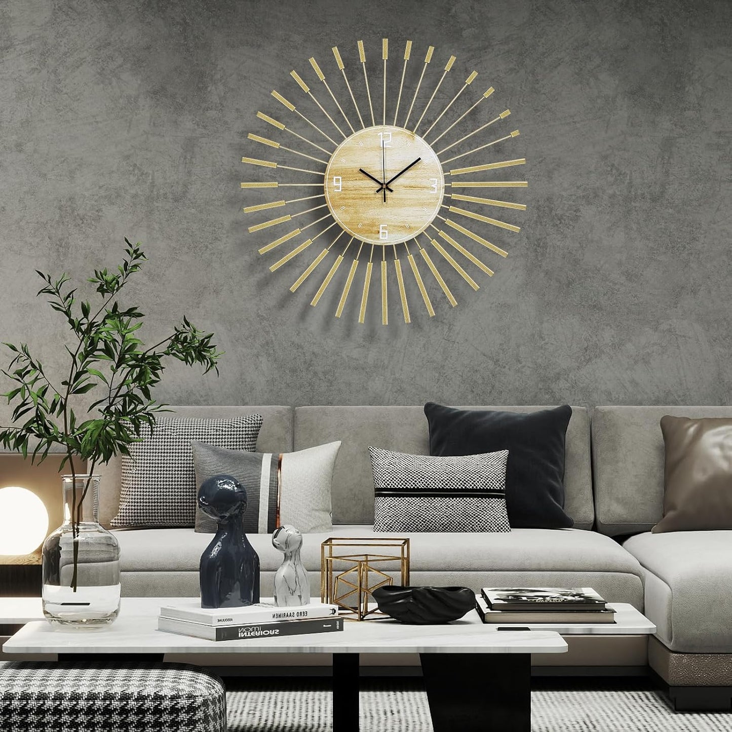 Large Starburst Wall Clock Mid Century Battery Operated Sunburst Clock Modern Wall Clocks Round Gold Wall Clock Non-Ticking Clock for Living Room Bedroom Kitchen Office-23.6inch