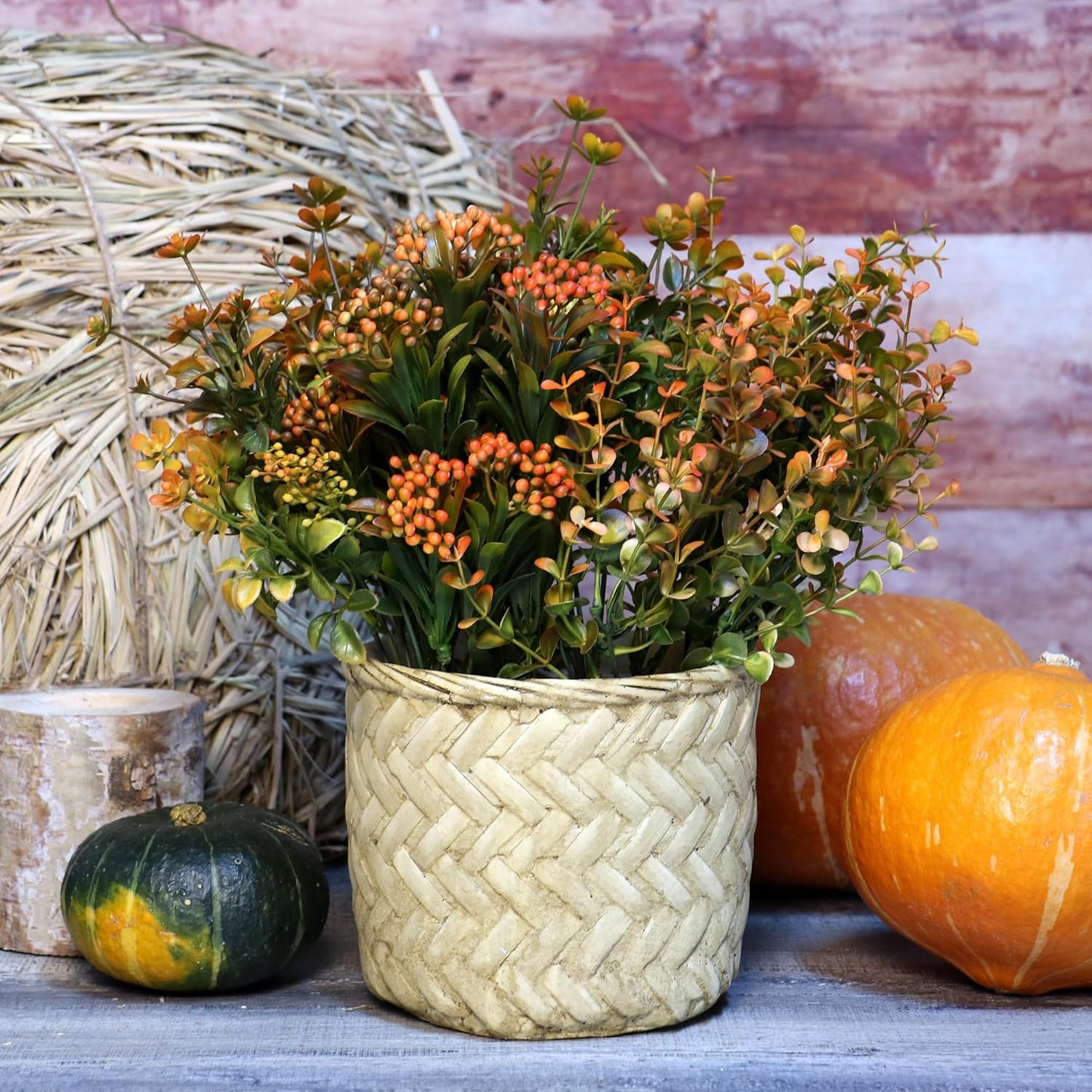 Artificial Fall Flowers Mums Outdoor - 6 Bundles Fake Plants No Fade Faux Plastic Greenery Shrubs for Home Indoor Kitchen Garden Porch Patio Decoration Thanksgiving Wedding Party Fireplace(Type A)