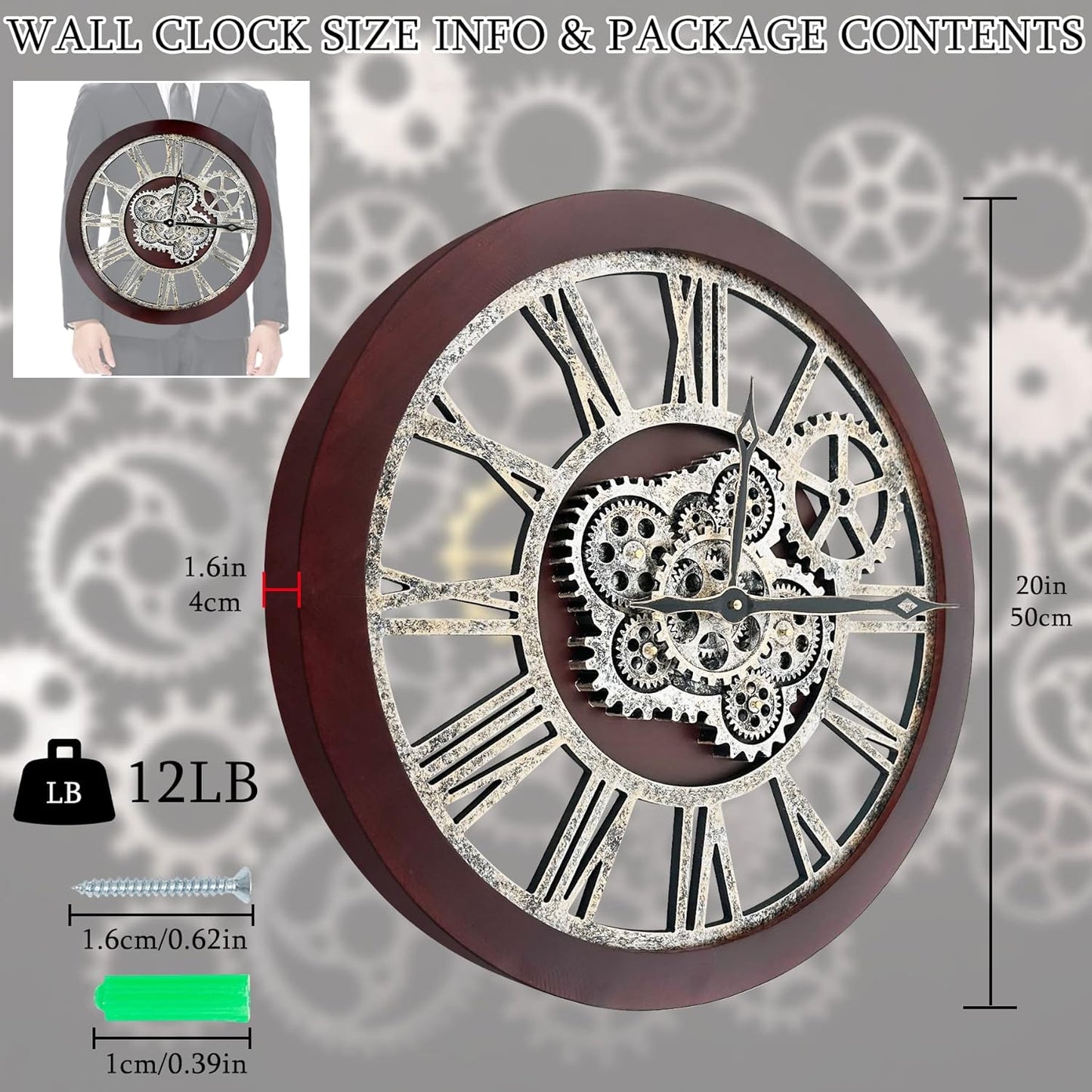 HOIBAI Wall Clock, Clocks for Living Room Decor 20 Inch Big Moving Gears Clock Farmhouse Vintage Rustic Wall Clock Vintage Roman Oversized for Home Bedroom House Kitchen Wall Decor